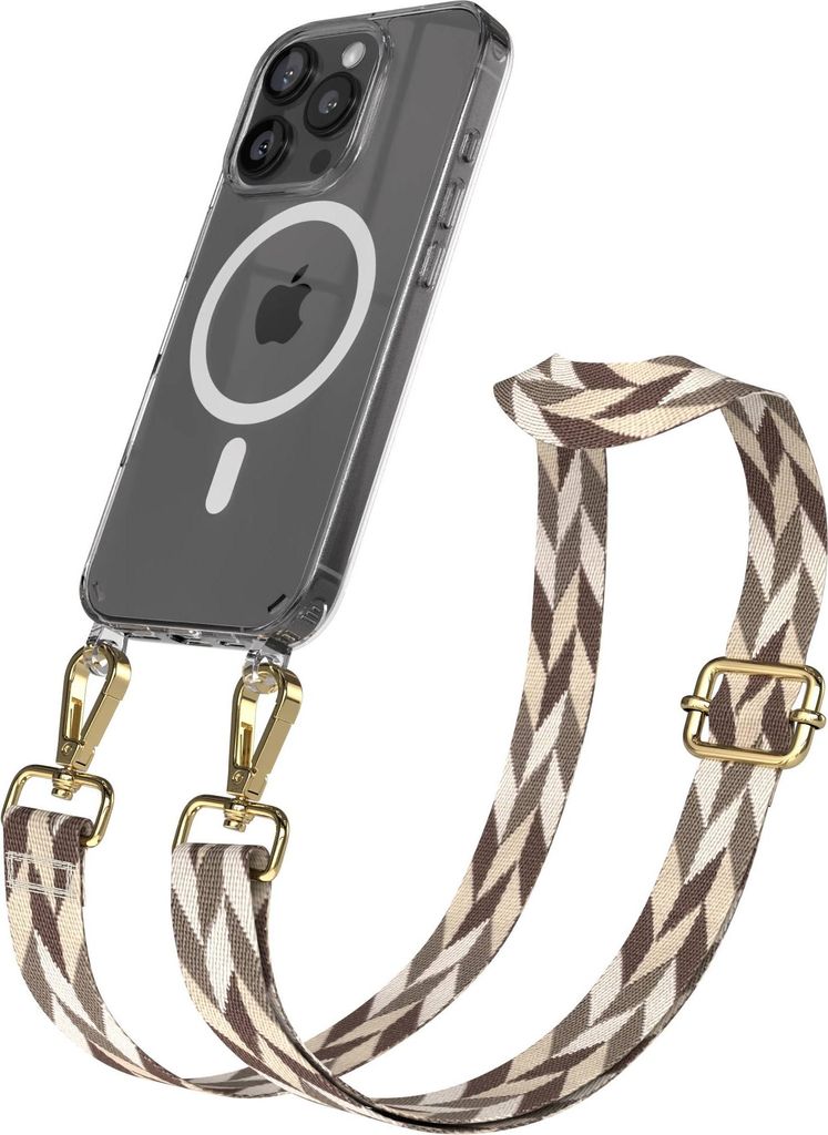 EAZY CASE - Handykette mit MagSafe Hülle für Apple iPhone 16 Pro, Handyband Mix Style, Karabiner Gold, Umhängeband in Braun