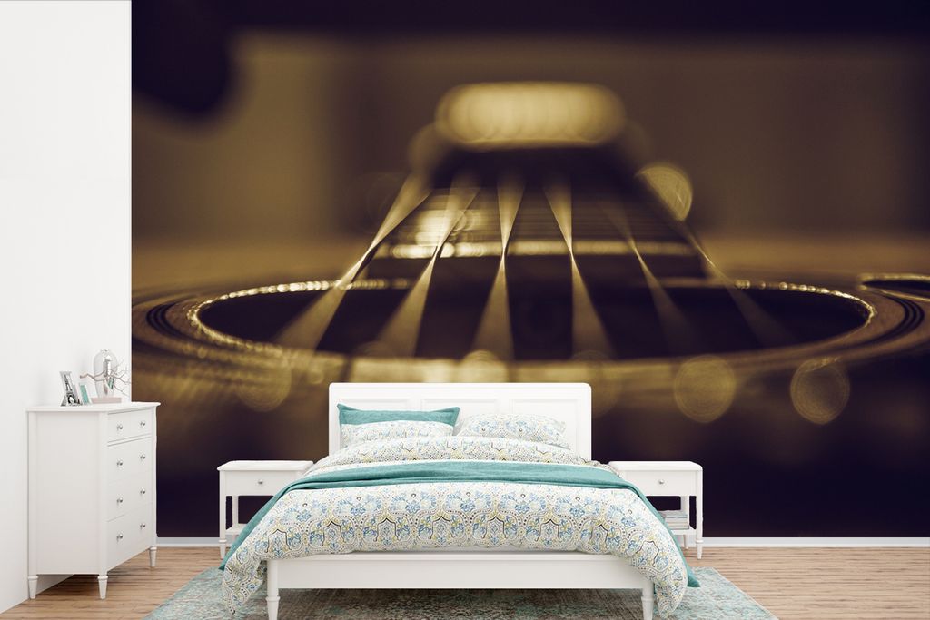 MuchoWow Fototapete für Wohnzimmer oder Schlafzimmer Wandtapete Vinyl Motivtapete Nahaufnahme einer sechssaitigen akustischen Gitarre - 600x400 ...
