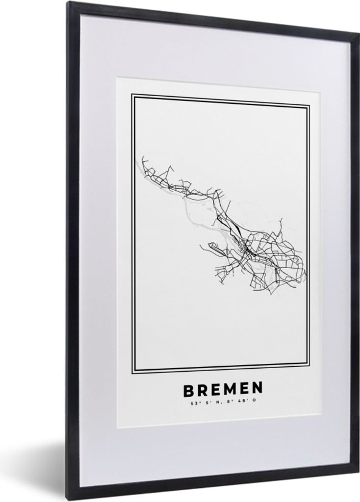 MuchoWow Gerahmtes Poster Karte - Stadtplan - Bremen - Deutschland - Schwarz und weiß 40x60 cm - Poster mit Schwarzem Bilderrahmen Wandposter Ra...