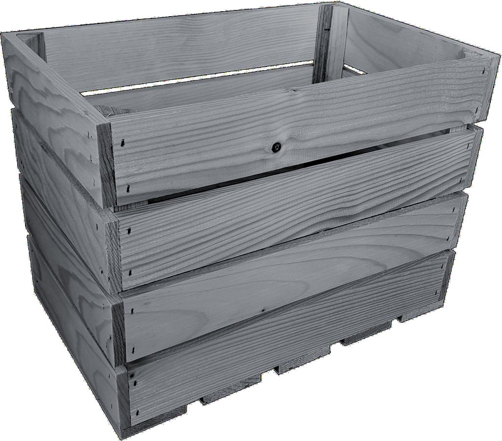 A stack of three gray wooden crates.