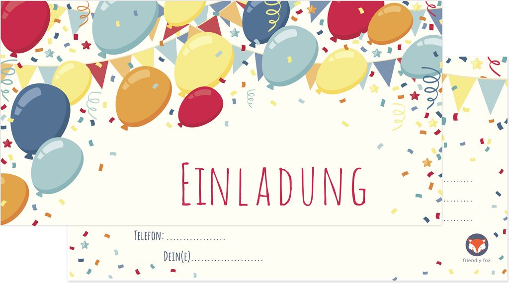 Friendly Fox Luftballons Einladung, 12x DIN lang Einladungskarten Kindergeburtstag Einladung mit Umschlag, große Geburtstagseinladungen
