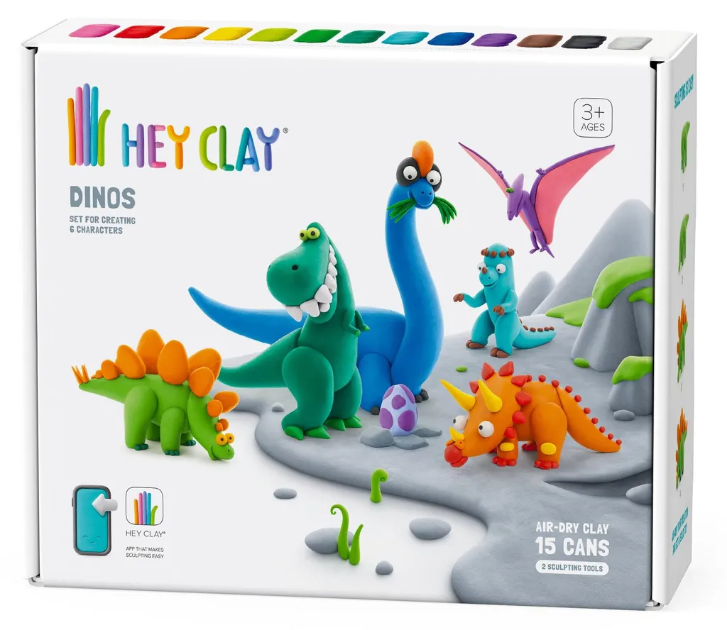 Hey Clay Dinosaures : pâte à modeler auto-durcissante coffret 15 pots