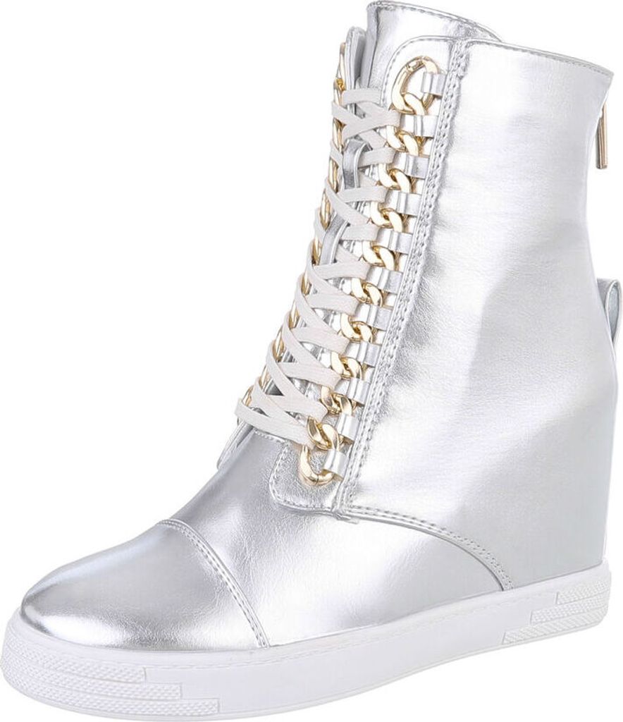 Ital-Design Damen Stiefeletten High-Heel Stiefeletten Keilstiefeletten Lederoptik Schnürstiefeletten 87108900 Silber Gr. 40