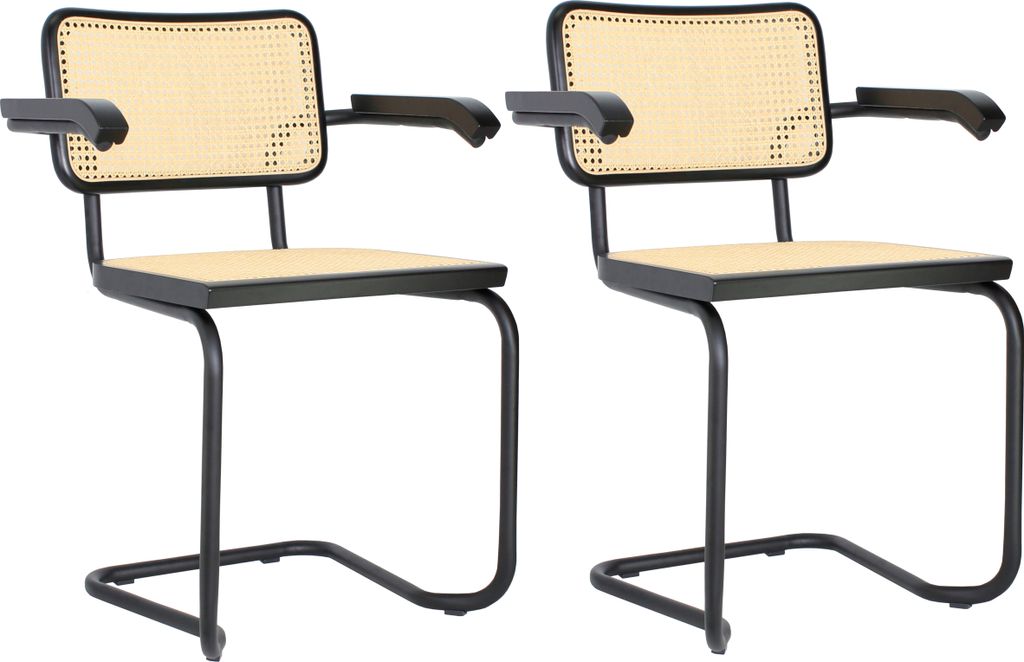 pemora 2-er Set Freischwinger / Schwingstuhl Armlehnstuhl Stapelstuhl mit Wiener Geflecht - Holzrahmen - schwarz, Gestell schwarz - montiert