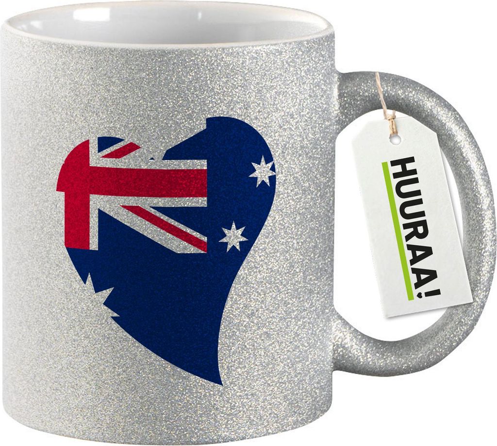 Huuraa Glitzertasse Australien Flagge Herz 330ml Silber Keramik Kaffeebecher Geschenkidee