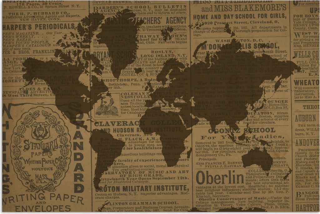 MuchoWow Poster Weltkarte - Braun - Zeitungspapier 120x80 cm - Bilder