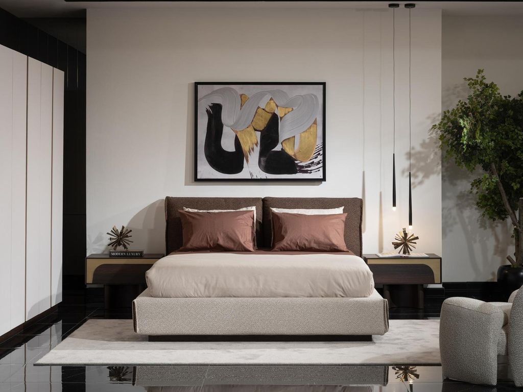 Elegantes Schlafzimmer Set Braun Holz Textil mit Bett und Nachttischen