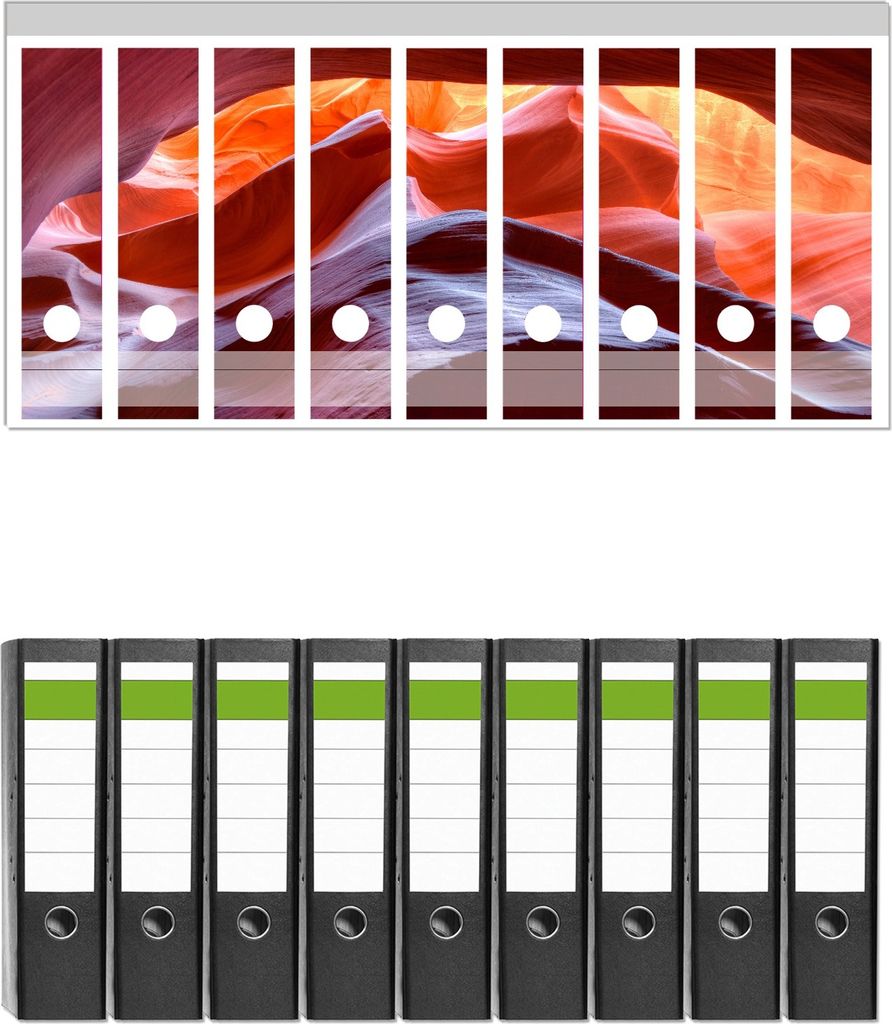 Wallario 9 Stück breite Ordner inkl. Klebeetiketten mit Motive Antelop Canyon USA Kalksandsteingebirge in leuchtenden Farben - Set mit Rückensc...
