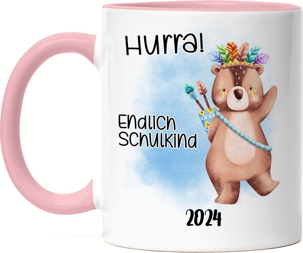Endlich Schulkind 2024 Bär Tasse Rosa Schulanfang Patenkind Einschulungs-Geschenk Schuleinführung