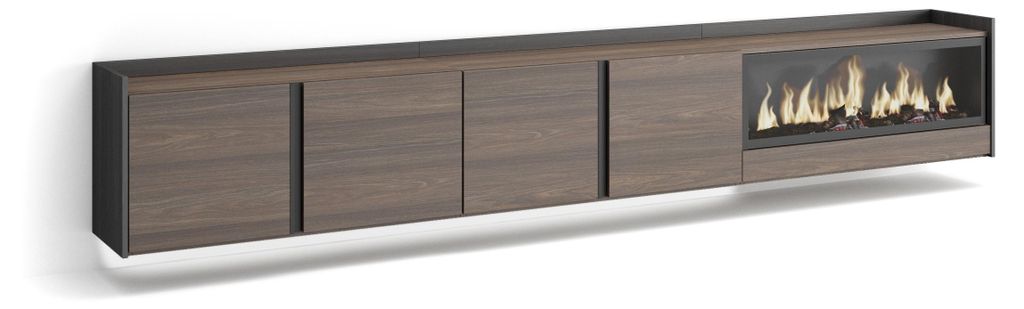 TV-Möbel Holzeffekt eiche schwarz 315x35x50cm Kamin mit Feuereffekt