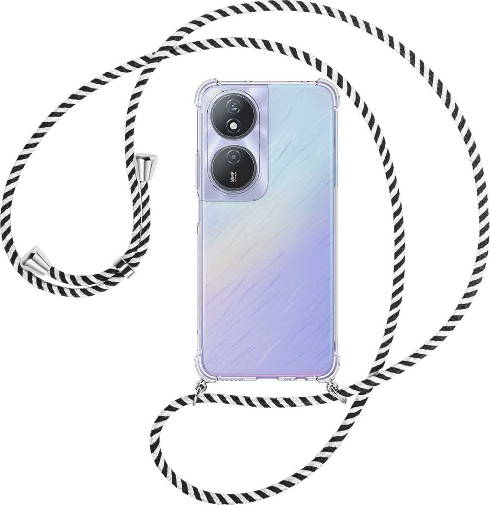 Handykette Backcover-Schutzhülle mit Band (Metall silberfarben) für Honor X7b 4G (CLK-LX1,2,3) - schwarz/weiß gestreift