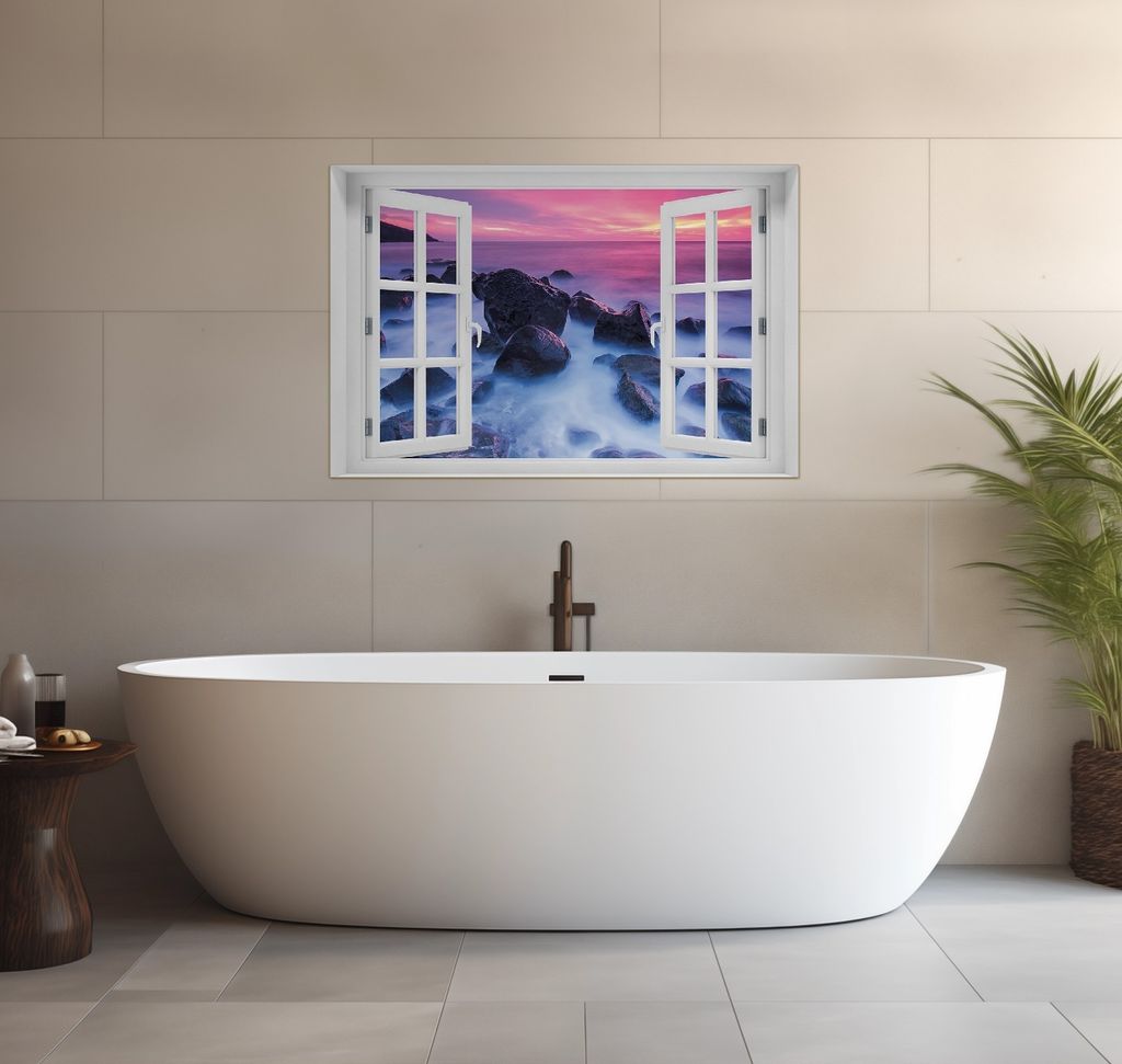 Wallario wasserfestes Poster selbstklebend 91,50 x 61 cm, Felsen im Meer bei Sonnenuntergang, Badezimmerposter Spritzschutz mit Hochglanzoberfläch...