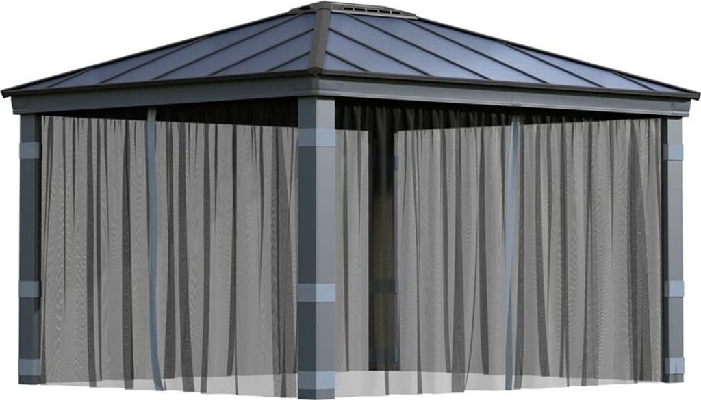 A gray gazebo with sheer gray curtains.