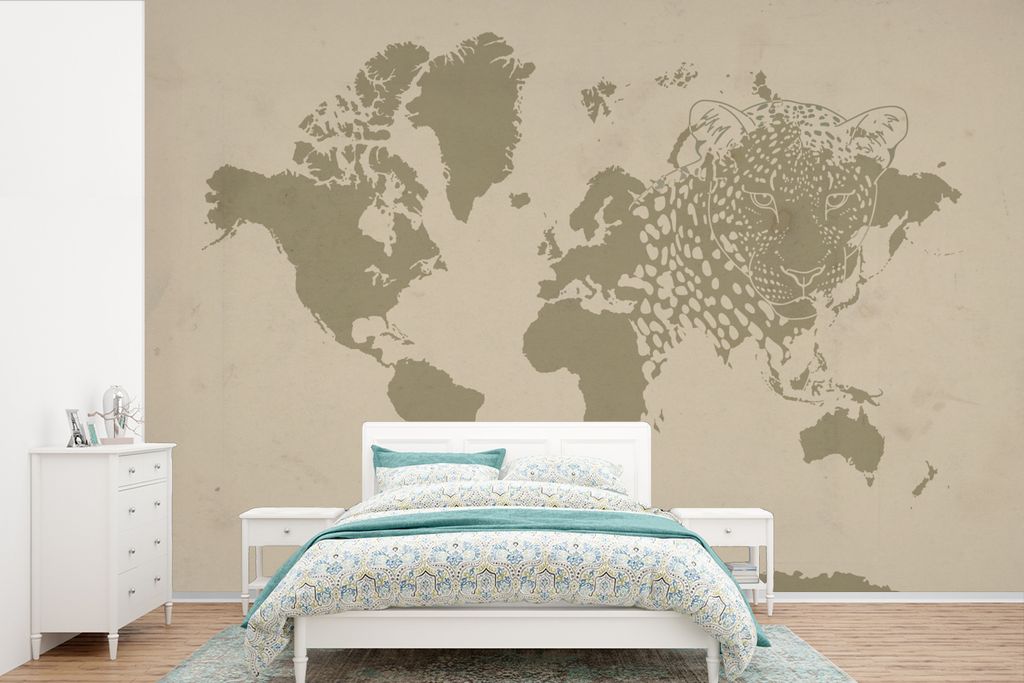 MuchoWow Fototapete für Wohnzimmer oder Schlafzimmer Wandtapete Vinyl Motivtapete Weltkarte - Braun - Panther - 600x400 cm - Vinyltapeten