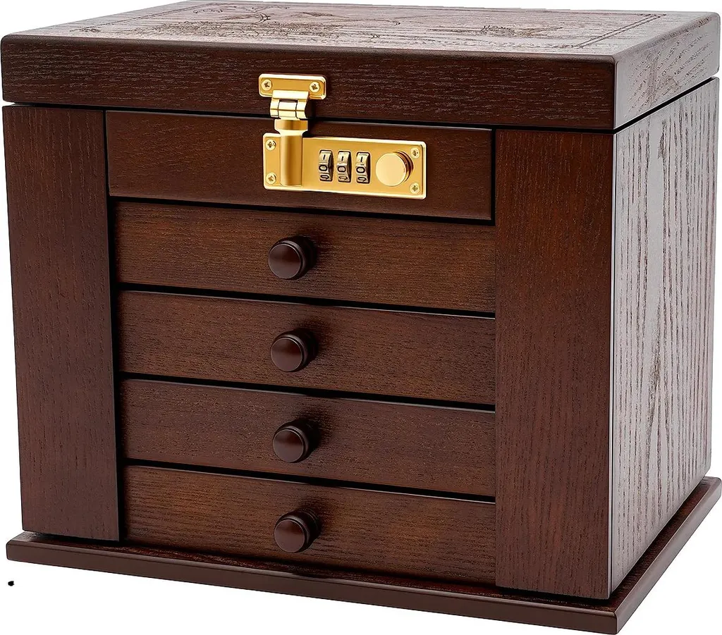 Coffret à bijoux 5 étages en bois marron avec serrure à combinaison sécurisée