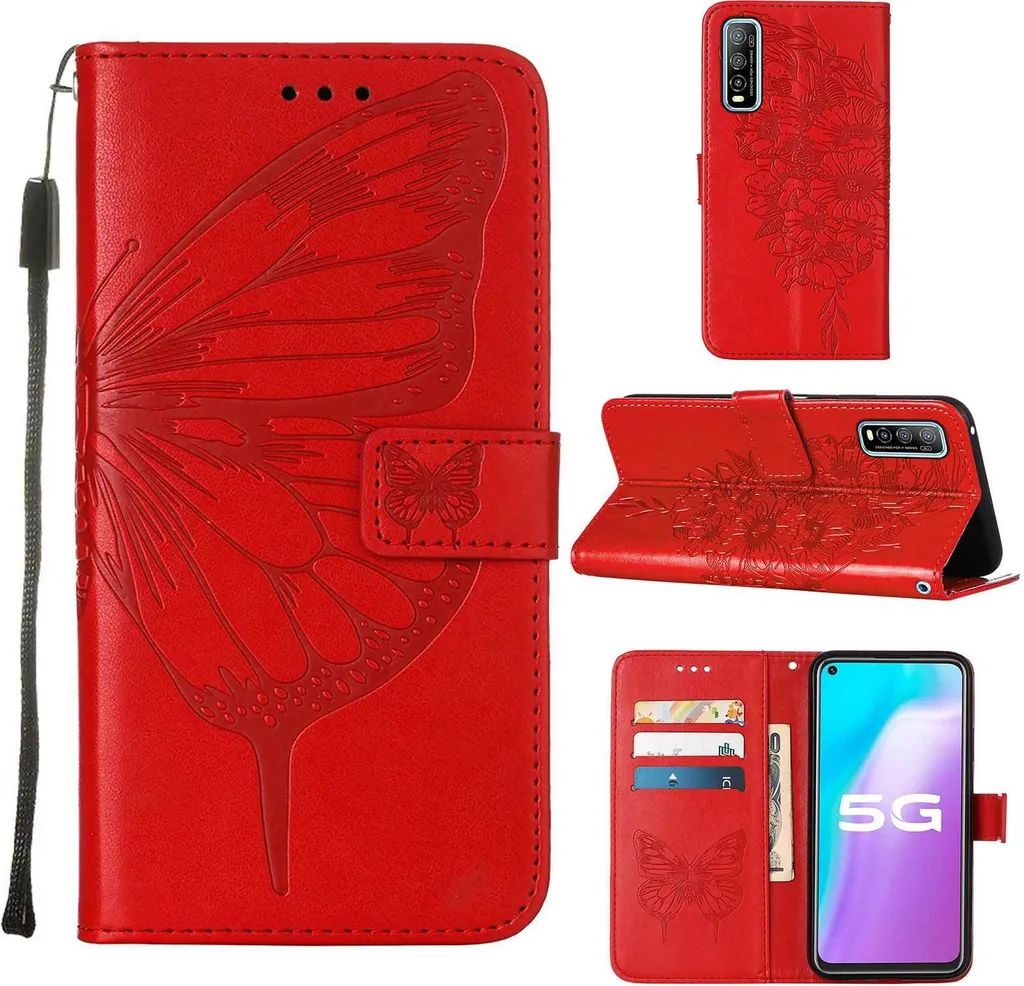 Custodia VIVO Y51S 5G in Pelle Rossa con Farfalla in Rilievo - Portafoglio