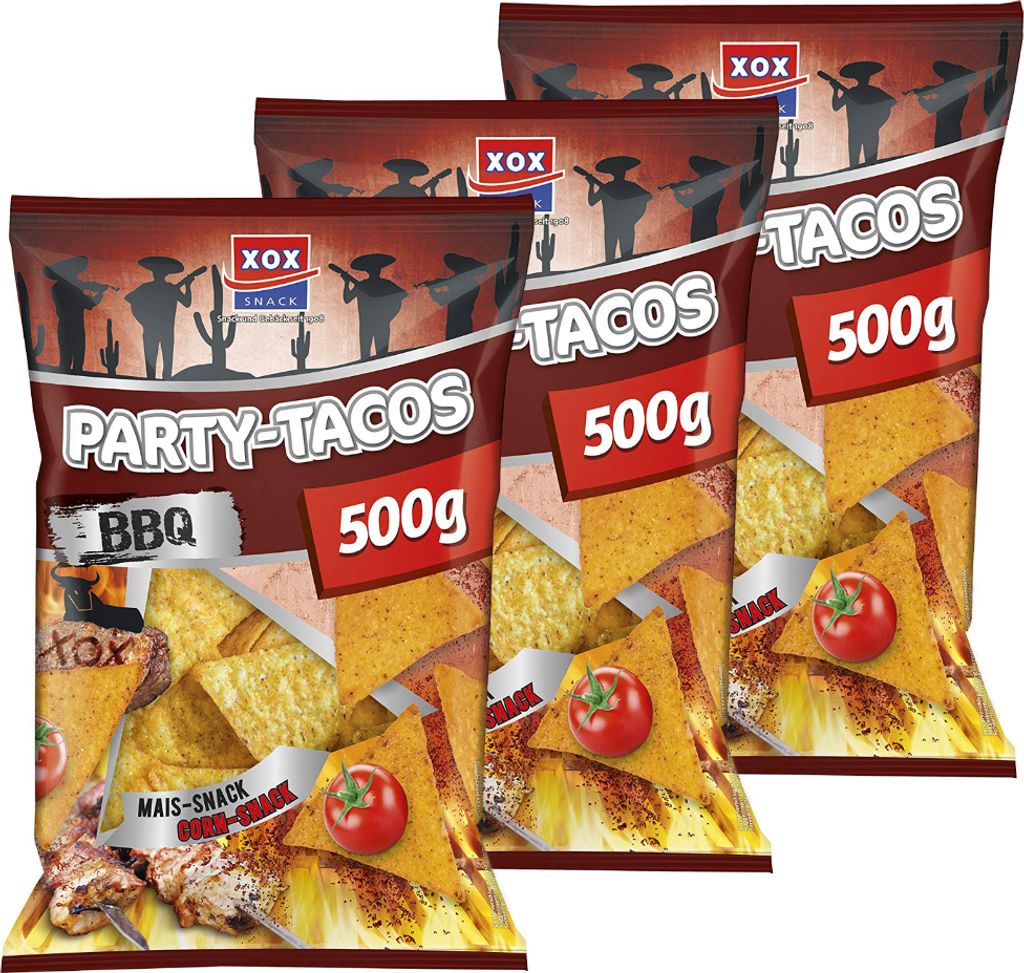 XOX Party Tacos Barbecue Mais Snack pikant knusprig 500g 3er Pack