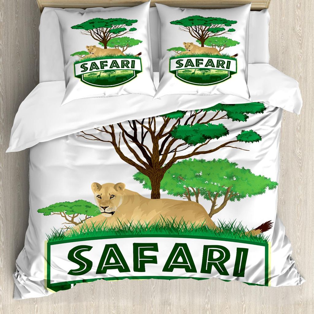 ABAKUHAUS Safari Bettbezug Set, Afrikanische Savanne mit Löwe und grünen Bäumen Wildnis exotische Natur, 200 x 200 cm + 80 x 80 cm, Sand Brown J...