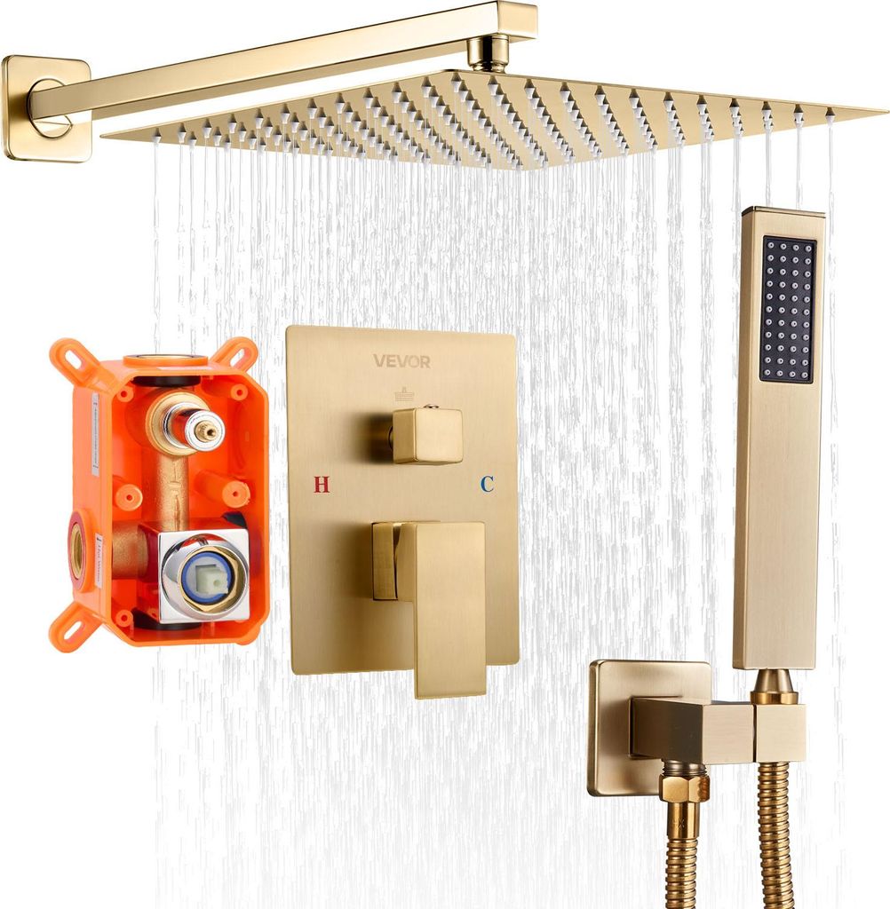 VEVOR Duscharmatur Regenduschsystem fürs Badezimmer Duschsystem mit 254 mm quadratischen Regenduschkopf & Handbrause, wandmontierte Badezimmerarma...