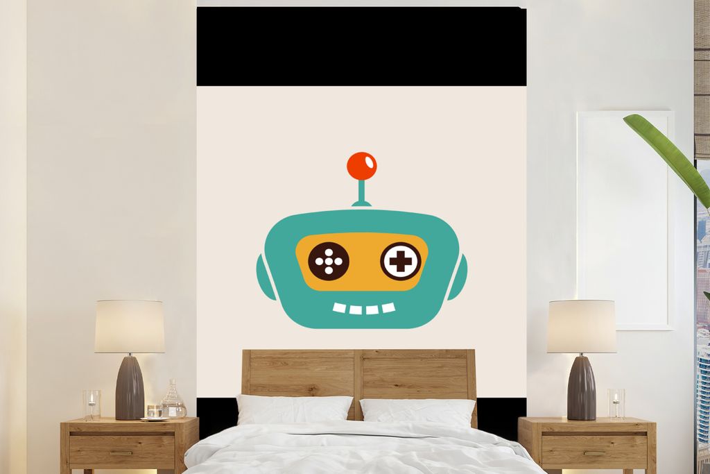 MuchoWow Fototapete für Wohnzimmer oder Schlafzimmer Wandtapete Vinyl Motivtapete Roboter - Gesicht - Antenne - Technik - Junge - Kind - 195x300...