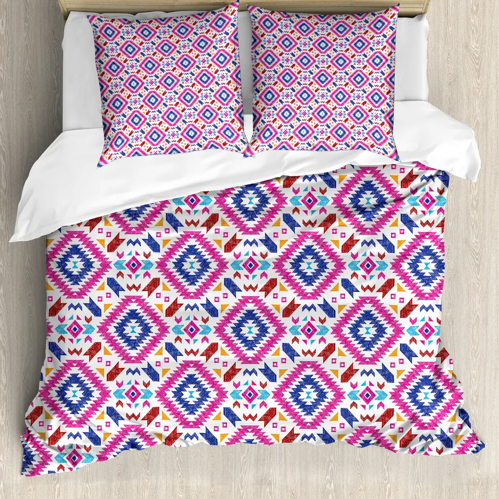 ABAKUHAUS Set copripiumino etnico per letti matrimoniali, disegni Maya realizzati a mano, antiacaro, adatto a chi soffre di allergie, con federe, bordeaux, fucsia, indaco