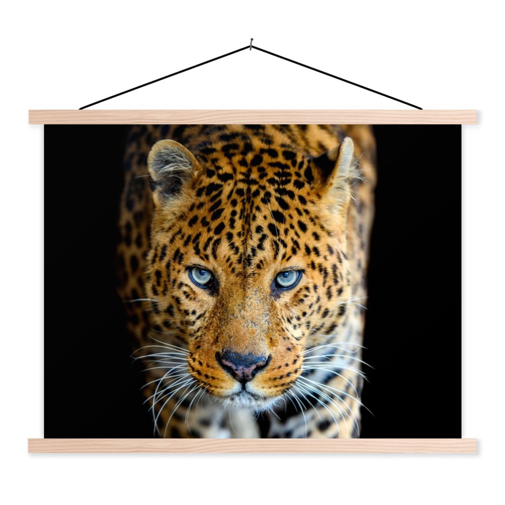 MuchoWow Textilposter Leopard - Tiere - Porträt - Wildtiere - Schwarz 120x90 cm mit holzfarbenen Rahmen - Magnetisch