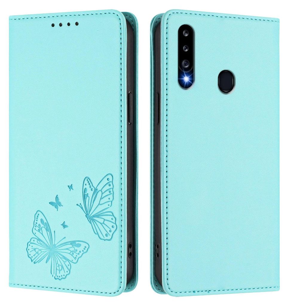 Lederhülle für Samsung Galaxy A20S, Schmetterling Prägung Leder Brieftasche Schutzhülle mit Ständer Türkis