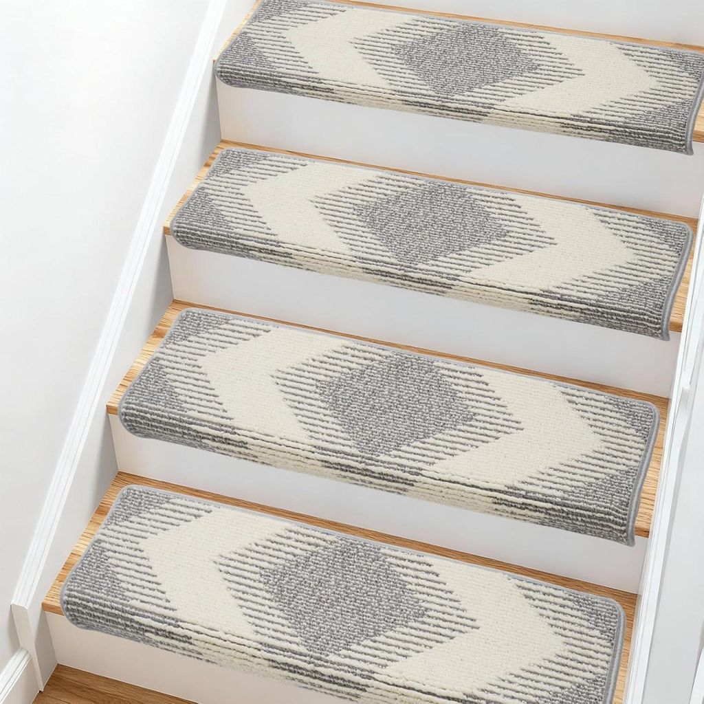 YEERSWAG 15er Set Bullnose Treppenstufenmatten 76×24×4.3 cm, Rutschfeste Teppich-Stufenmatten zum Aufkleben mit Tape für Holztreppen, Grau+Beige