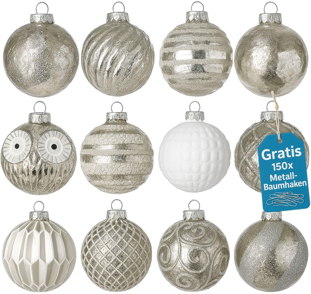 Weihnachtskugeln Silber 12er Set Glas Christbaumkugeln Christbaumschmuck Kugeln