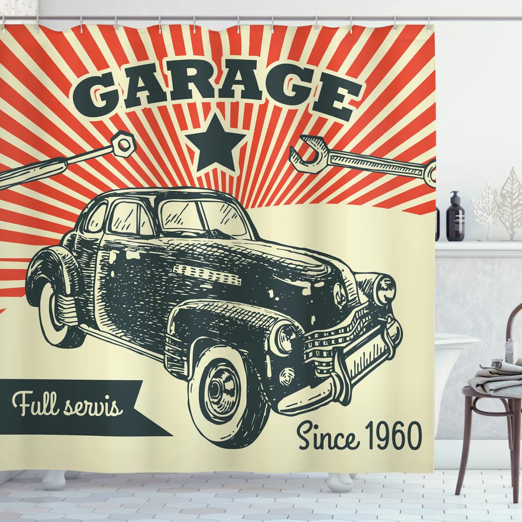 ABAKUHAUS Tenda da doccia con auto, 60 auto retrò in stile pop art, set incl. 12 ganci in tessuto impermeabile, antibatterico e antimuffa, 175 x 180 cm, smeraldo arancione