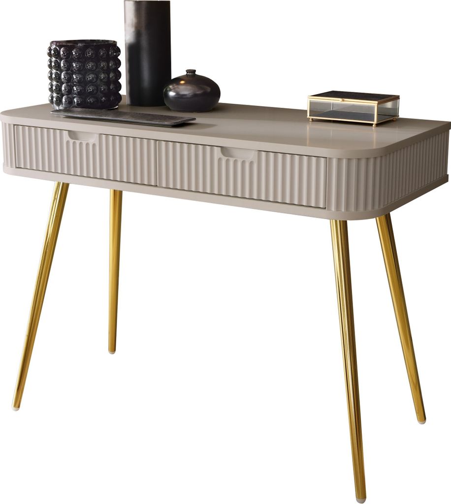 BETTSO Schminktisch Konsolentisch Schreibtisch mit Schubladen geriffelten Fronten auf goldenen Beinen ZOVA Cashmere Beige