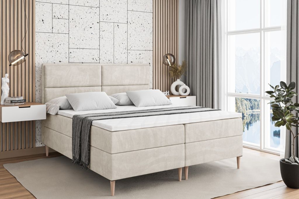 ALTDECOR Boxspringbett mit Holz Füßen, Matratze und Lattenrost, Boxbett, Topper, Polsterbett mit Bettkasten, Bett mit Stauraum H3-Matratze, Doppe...