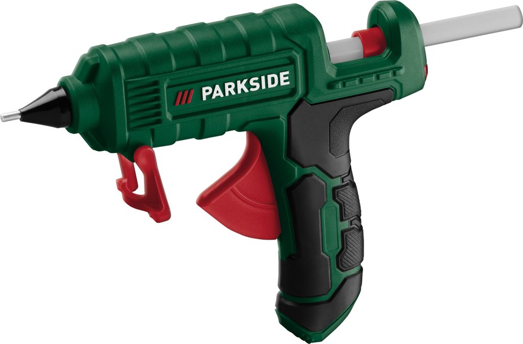 A studio shot of a green and black hot glue gun with a red trigger, set against a white background.