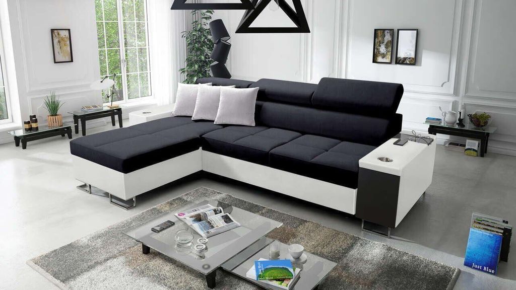 Ecksofa Anita I Maxi Luxus und Elegantes mit Schlaffunktion, Teile hat einen Öffnungsbügel, eine Steckdose und einen USB-Anschluss Sawana14+ekji