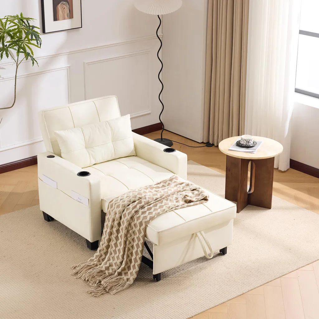 Chaise Longue Lounge Blanche avec Port USB et Poche de Rangement Latérale