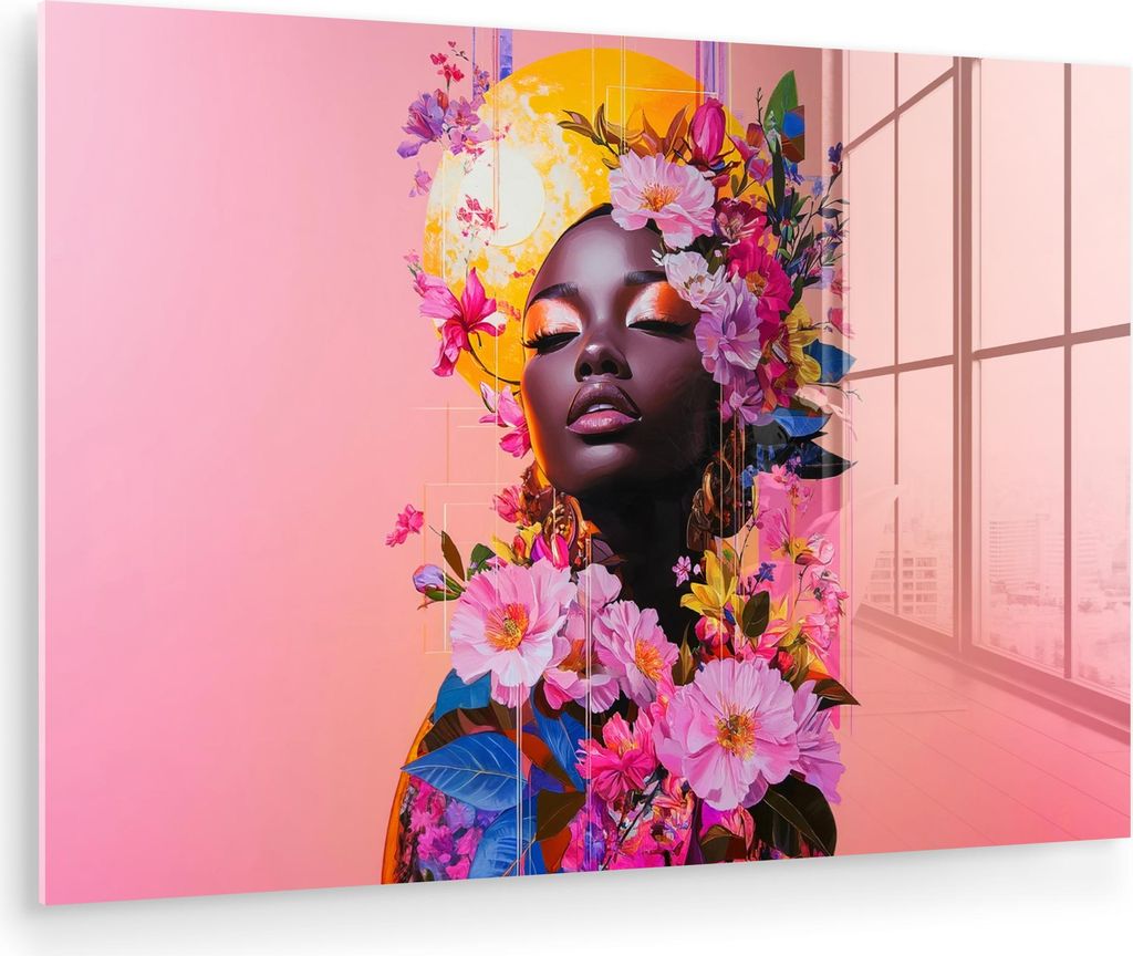 MuchoWow Glasbilder - Bilder auf Wandbild - Foto auf Glas Bunt - Blumen - Frau - Sonne 90x60 cm Wanddekoration aus Glas - Acrylglasbild - Acrylbild...