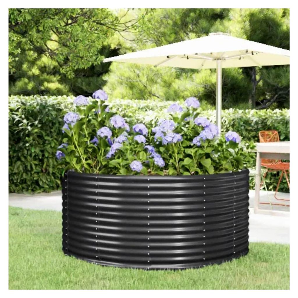 Hochbeet aus pulverbeschichtetem Stahl, witterungsbeständig, rundes Design, Garten, Balkon, Terrasse, Anthrazit, 140 x 140 x 68 cm