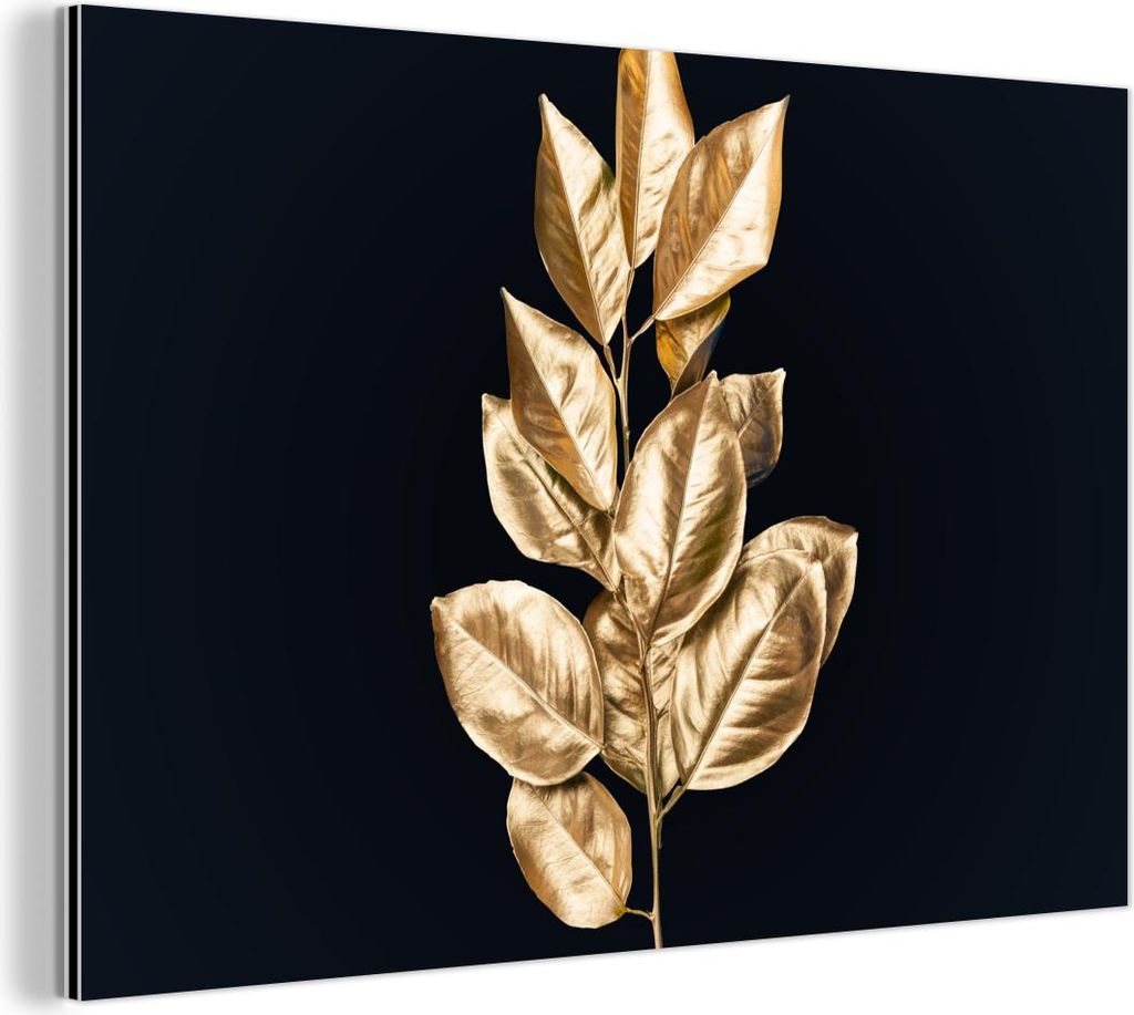 MuchoWow Wanddekoration Metall Metallbild Wandkunst 60x40 cm Pflanze - Blätter - Gold - Schwarz - Luxus MuchoWow Aluminium Gemälde - Gemälder