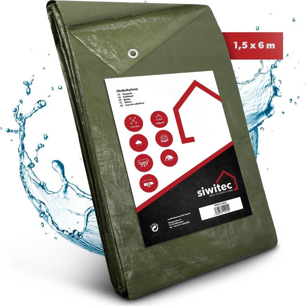 siwitec Abdeckplane 140 g pro m², Plane 1,5 x 6 m, Gewebeplane mit Ösen, wasserdicht, UV-beständig