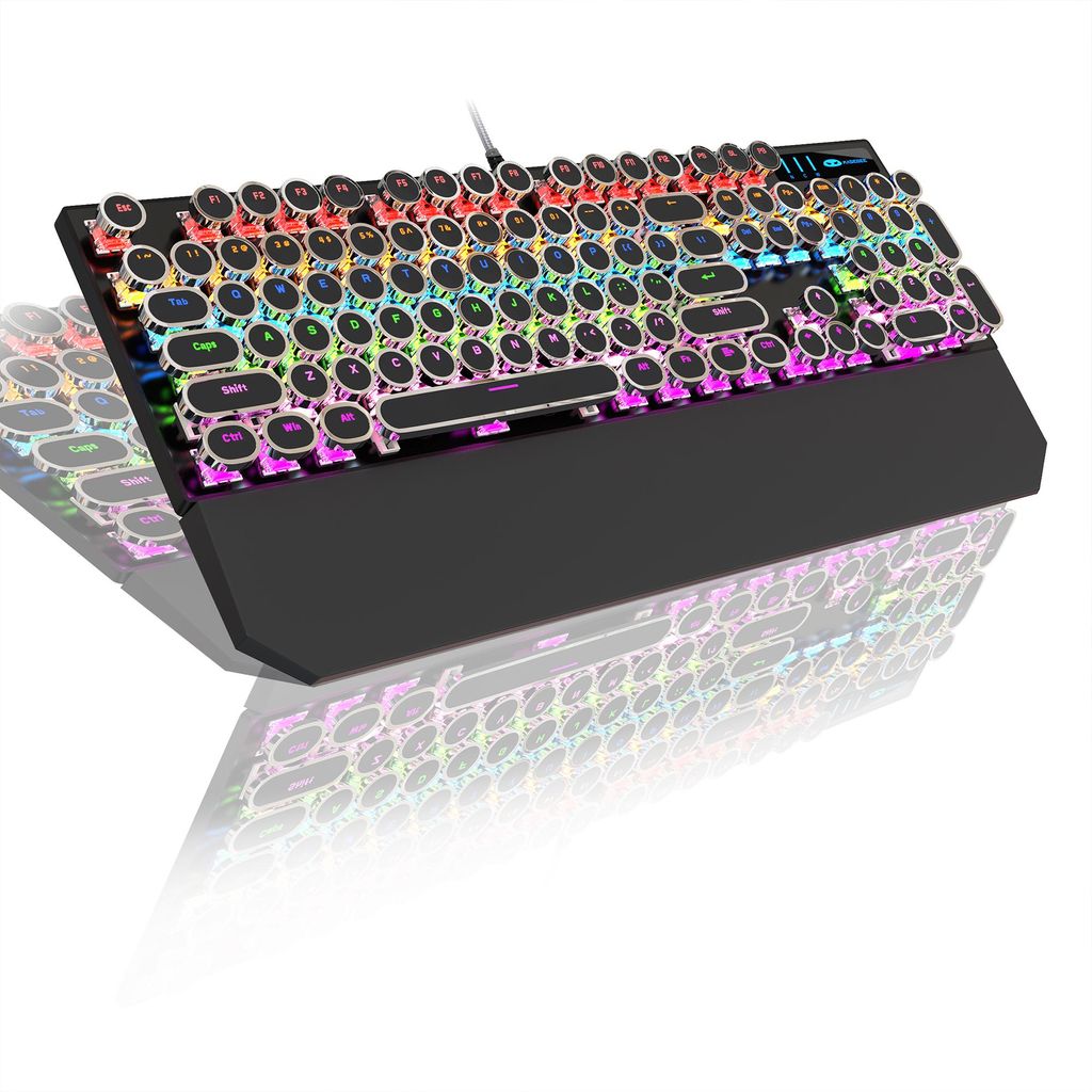 Mechanische Gaming Tastatur 104 Tasten USB, Blue Switch Keyboard mit Handballenauflage, Retro Rundtasten, Rainbow Beleuchtung Schwarz