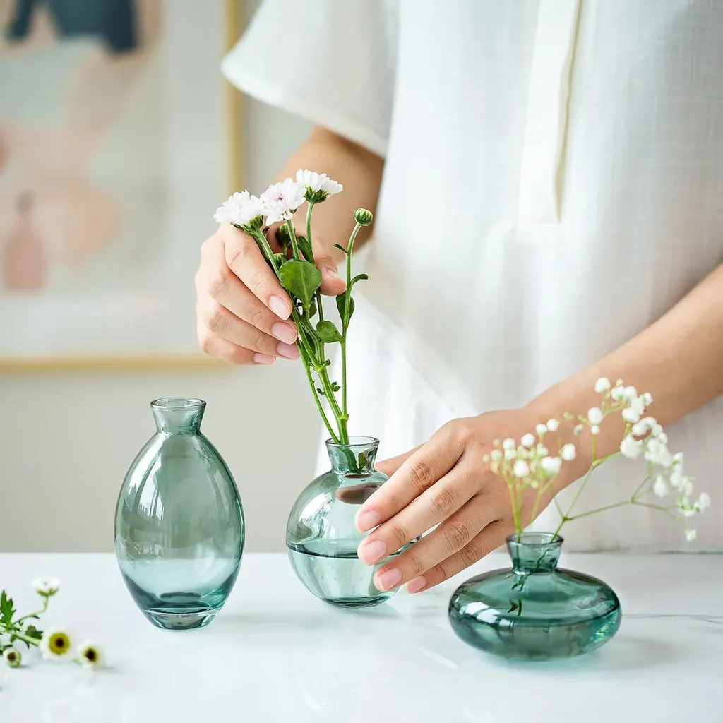 Vase en verre hydroponique vert : ensemble de 3 soliflores vintage design