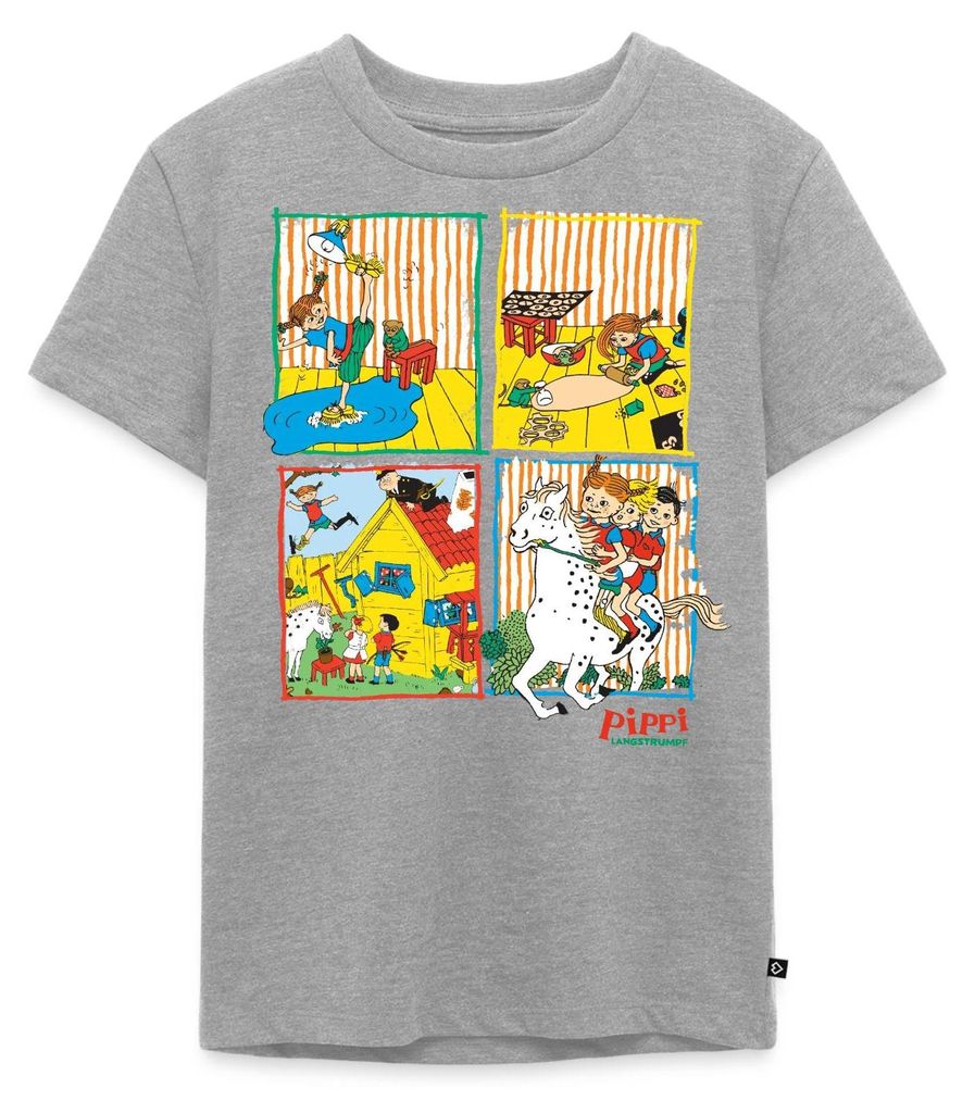Spreadshirt Pippi Langstrumpf Und Ihre Freunde Kacheln Kinder Premium T-Shirt, 122/128 (6 Jahre), Grau meliert