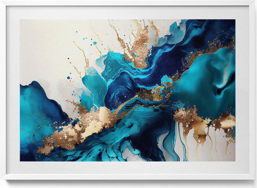 Flüssige Abstraktion mit Gold– Wandbild mit Rahmen – Gerahmtes Bild – Wanddekoration – 100x70 cm – Weiß Rahmen
