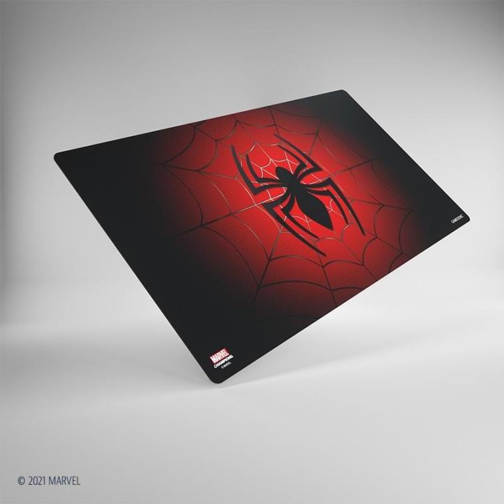 A Spider-Man themed game mat is shown at an angle against a plain background.