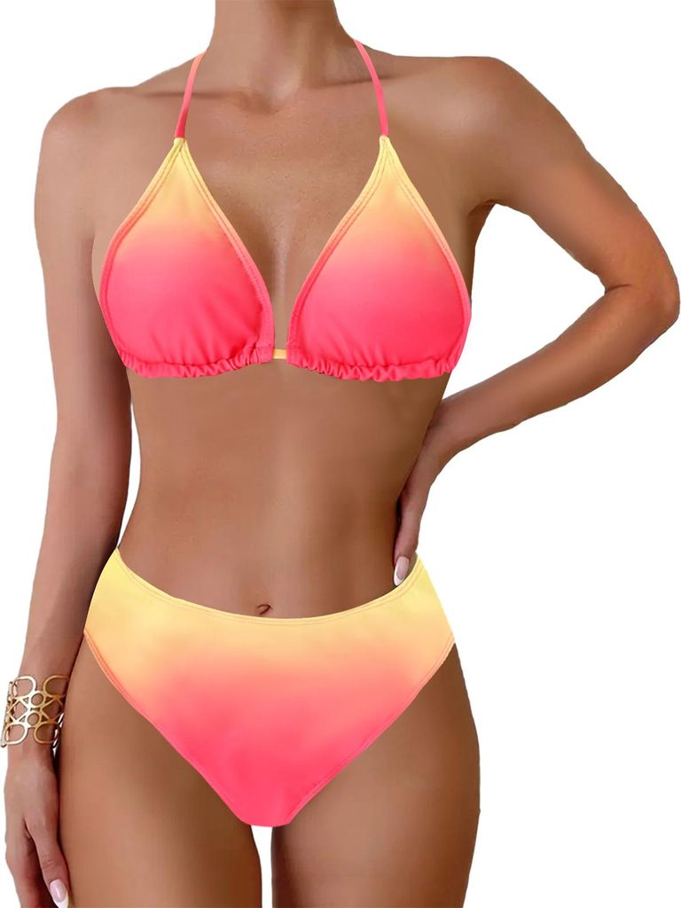 2 Teile/satz Frauen Bikini Set Neckholder Gepolsterter BH Hohe Taille Badehose Set Farbverlauf Split Bademode