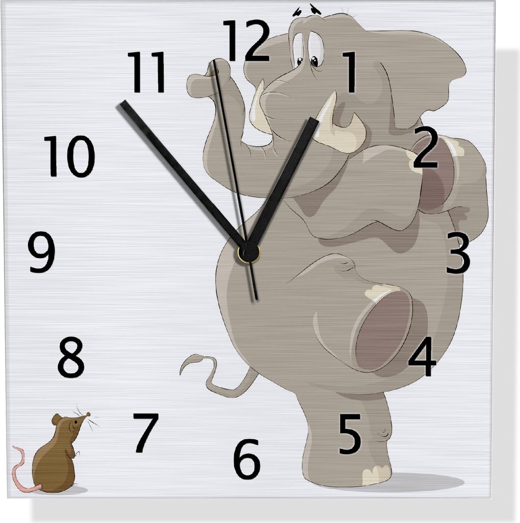 Wallario Design Wanduhr Elefant erschrickt vor Maus aus Aluverbund, Größe 30 x 30 cm
