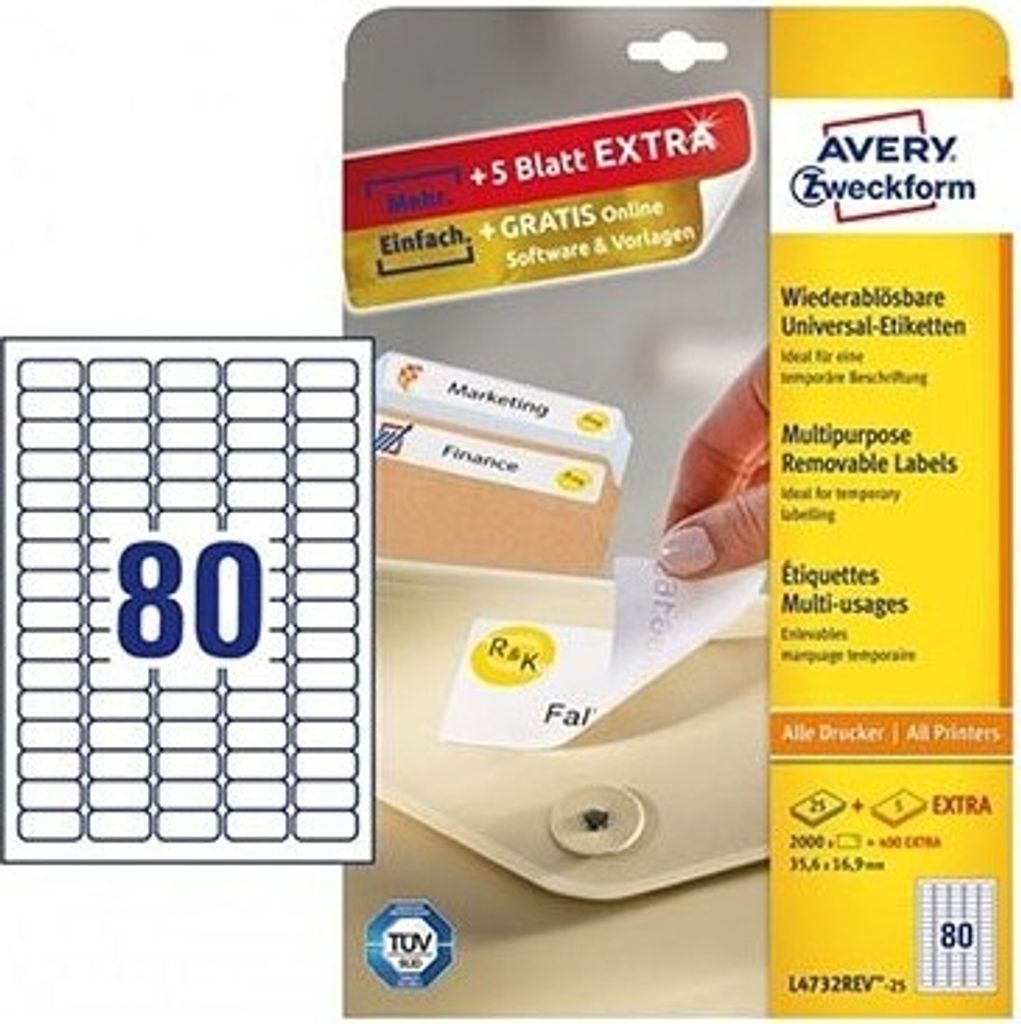 Avery L4732REV-25 Weiße, ablösbare Etiketten, 35,6x16,9 mm, 80 Etiketten pro Blatt, 25 A4-Blätter, Laser und Inkjet