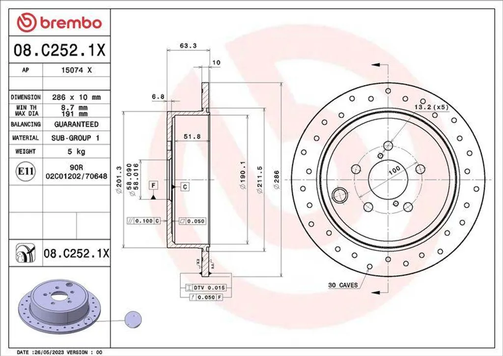 Brembo 08.C252.1X Disque de frein Xtra OE 26700AJ00A pour Toyota GT 86