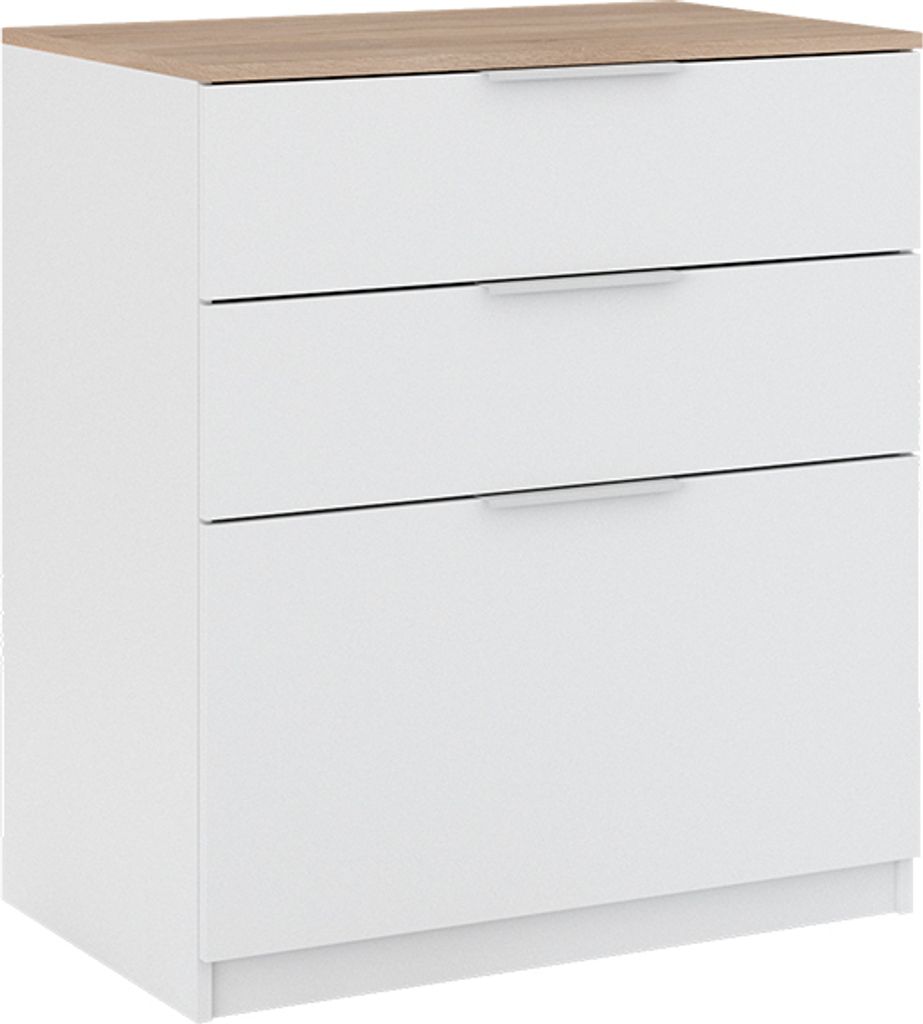 A white dresser with a wood-effect top and three drawers, shown from a slight angle against a white background.
