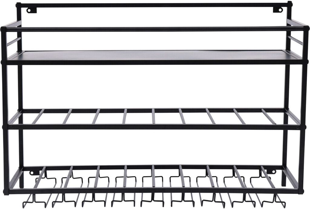 3 Schichten Weinregal Metall Wandmontage Flaschenregal Gläserregal Gläserhalter Wandregal (schwarz) für Küche Bar